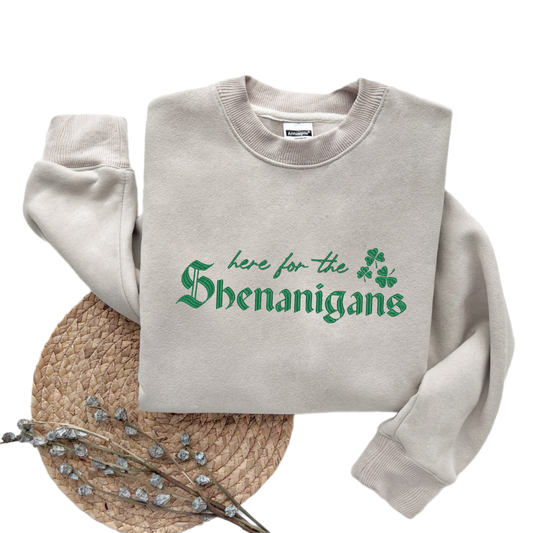 Embroidered Here for Shenanigans Sweatshirt, Lucky Shamrock Sweater,Patricks Day Embroidered,St Patricks Paddys Day Hoodie,Embroidered Irish