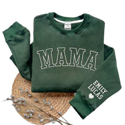 Embroidered Personalized Mama Sweatshirt with Kid Names on Sleeve, Mothers Day Gift, Birthday Gift for Mom,New Mom Gift