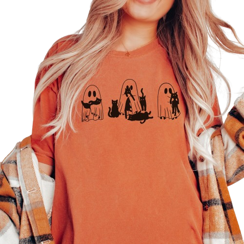 Comfort Color Halloween Ghost Cat Tee, Ghost and Black Cat Shirt