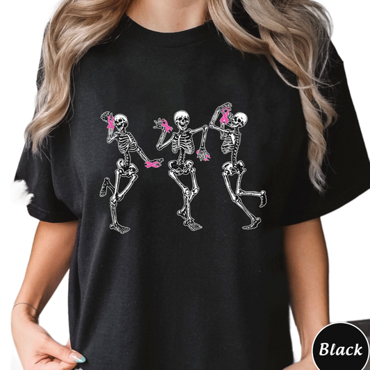 Dancing Skeletons Breast Cancer Shirt,Cancer Halloween Shirt,Breast Cancer Gift,Halloween Shirt,Skeletons Ribbon Breast Cancer Awareness Tee