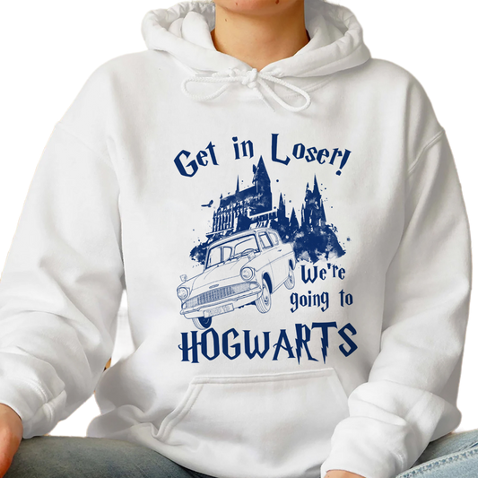 Get in Loser Were Going To Hogwarts Shirt, Trending Unisex Shirt, Unique Shirt Gift, Wizard Flying Car Sweatshirt, Universal Studios Hoodie