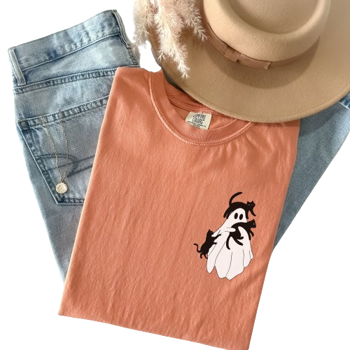 Comfort Color Halloween Pocket Ghost Tee, Ghost and Black Cat Shirt