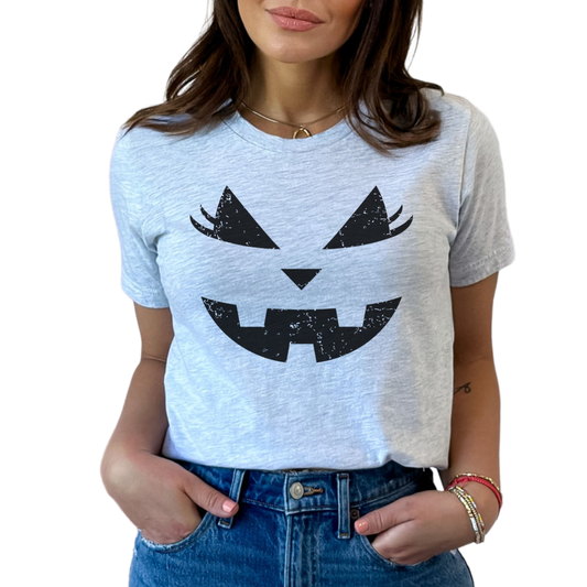 Distressed Pumpkin Face Shirt, Purple Halloween Shirt, Jack-O-Lantern Shirt, Pumpkin Face with Lashes Tee, Spooky Season Tee