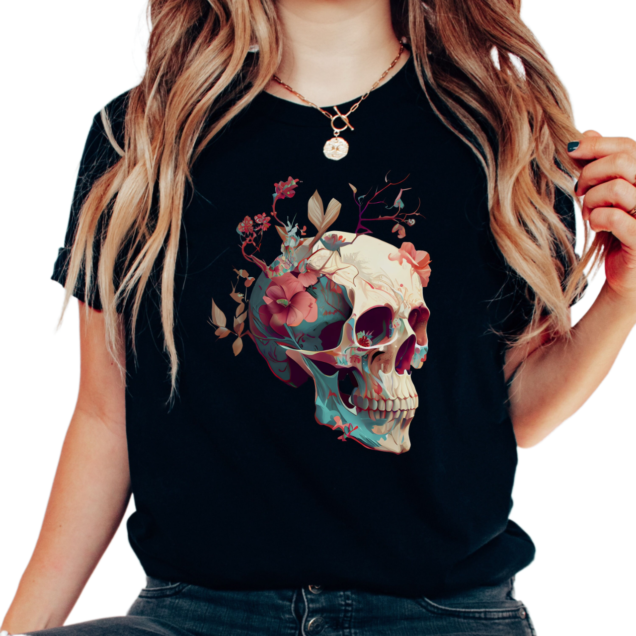 Floral Skull Boho Shirt, Goblincore Shirt, Cute Spooky Shirt, Bloom Skull Halloween Tee, Cottagecore Halloween Gift, Botanical Skull Shirt