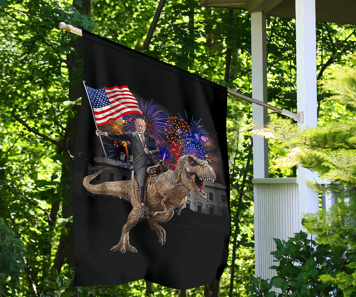 Trump Riding A Dinosaur T-Rex Flag Fireworks Trump With American Flag Decorative