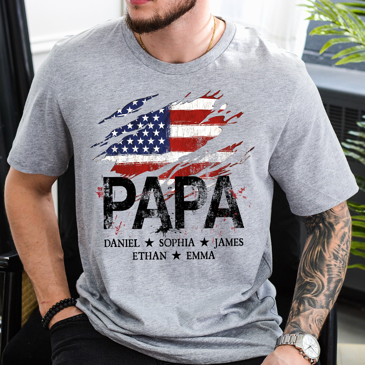 Papa American Flag Shirt, Personalized Papa Tee with Kids Names, Patriotic Dad Shirt, Custom Grandpa Gift, 4th of July Family Shirt