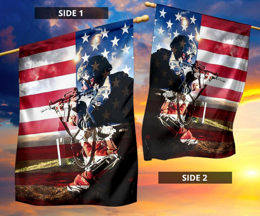 U.S Soldier In Ssault On American Flag Backgound Honoring U.S Military Garden Flag Patriotic