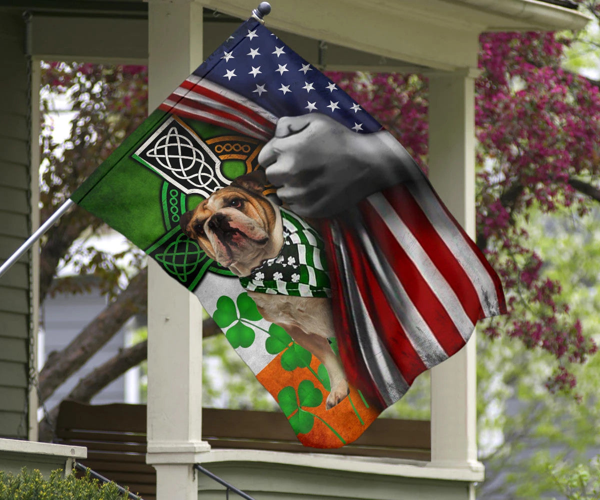 Bulldog Irish Celtic Cross American Flag Shamrock St Patrick's Day Flag Patriotic Dog Lovers