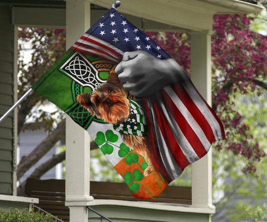 Yorkie Irish Celtic Cross American Flag Shamrock St Patrick's Day Garden Flag Banner