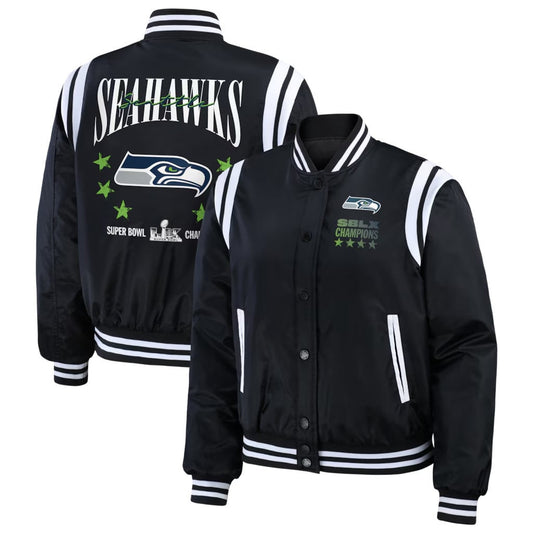 Seahawks Super Bowl Merch Seattle Seahawks WEAR by Erin Andrews Women's Super Bowl LX Champions Bomber Jacket - MadebyMun