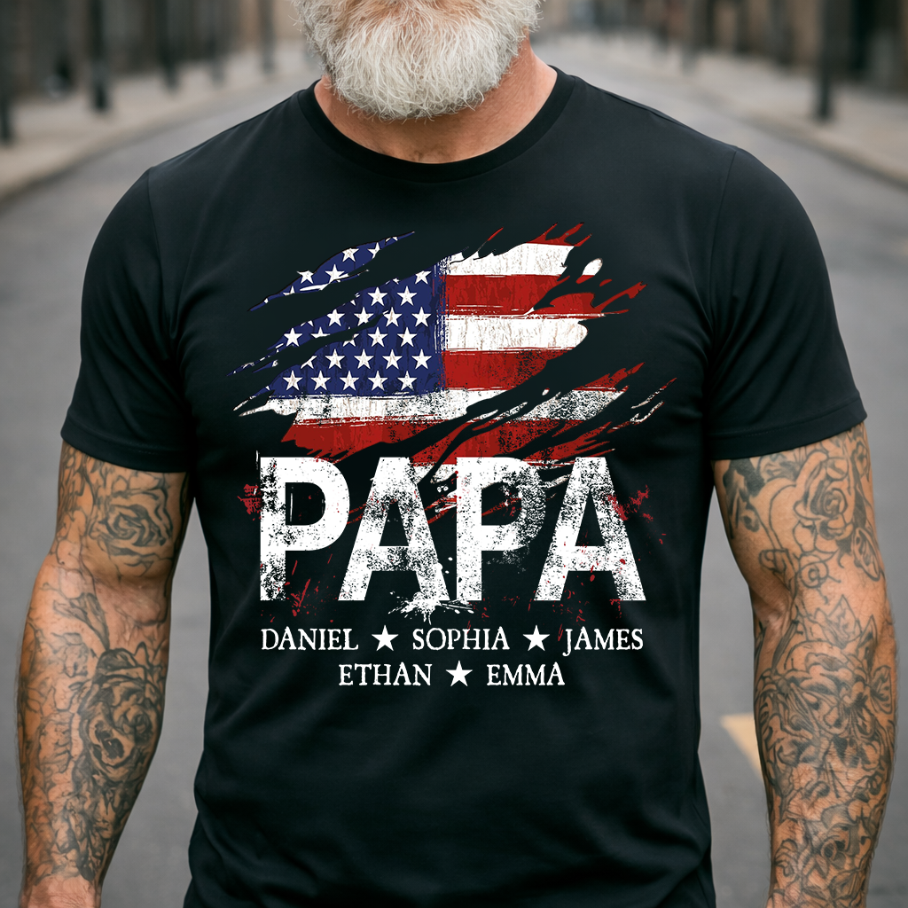 Personalized Papa American Flag Tee with Grandkids' Names