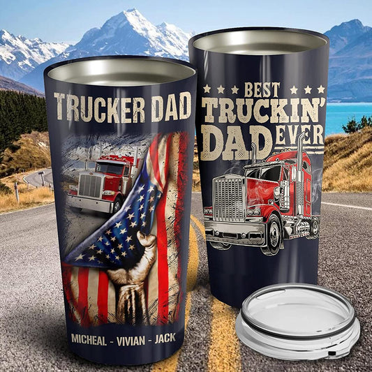 Personalized Trucker Dad Best Truckin' Dad Ever American Flag Vintage Tumbler