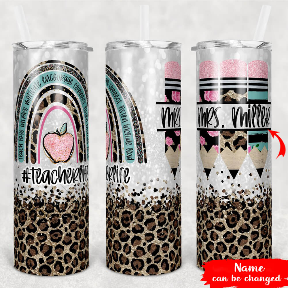 Personalize Teacher Skinny Tumbler Teacher Life Rainbow Leopard Glitter Tumbler