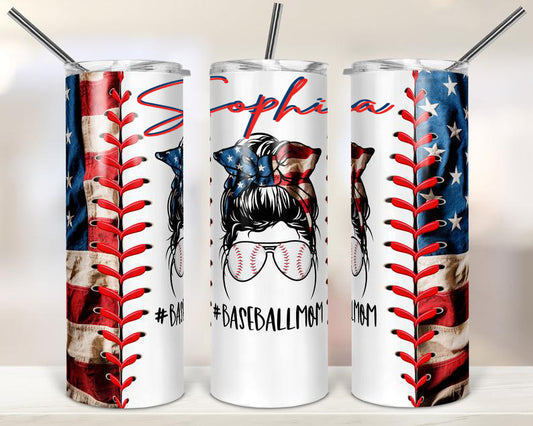 Personalized Skinny Tumbler American Baseball Mom Bun Hair