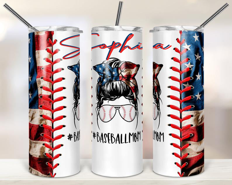 Personalized Skinny Tumbler American Baseball Mom Bun Hair