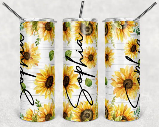 Personalized Sunflower Skinny Tumbler Floral White Wood