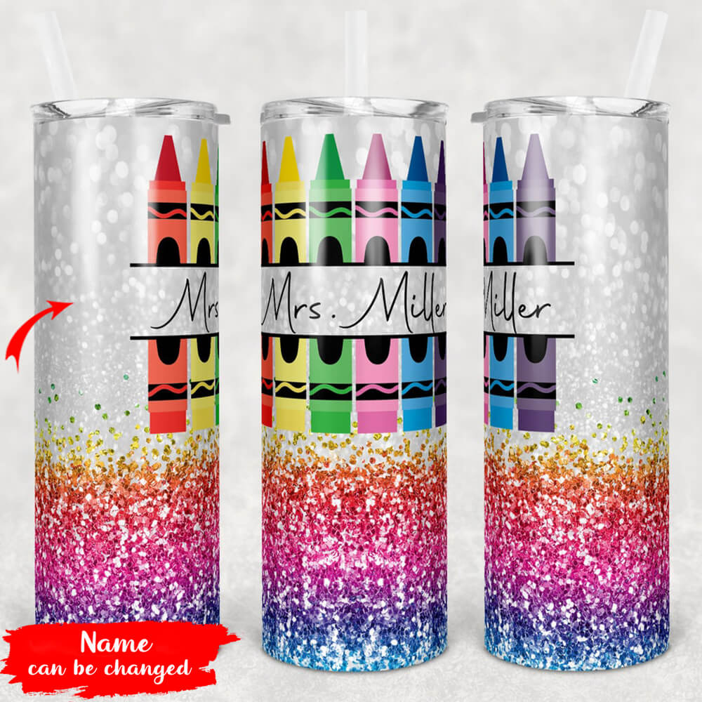 Personalize Teacher Skinny Tumbler Rainbow Glitter Skinny Tumbler