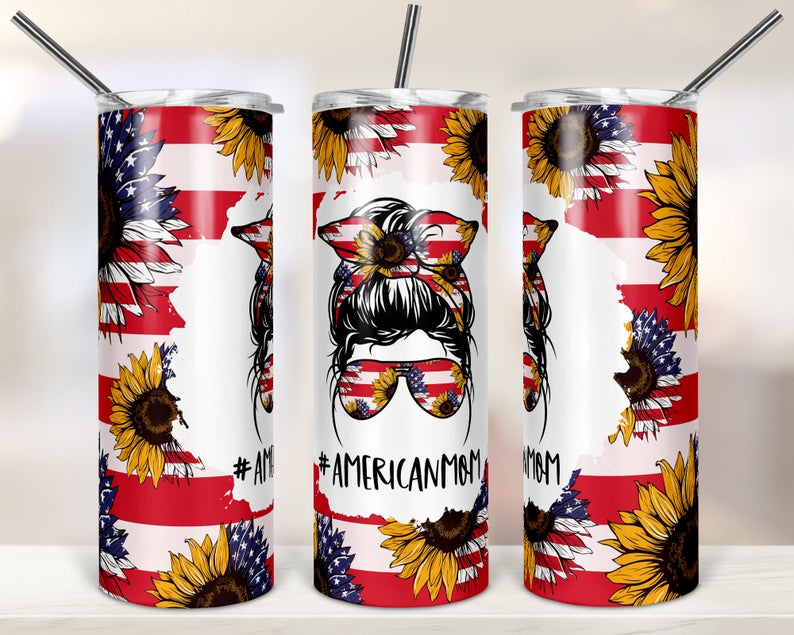 Personalized Skinny Tumbler Sunflower American Mom