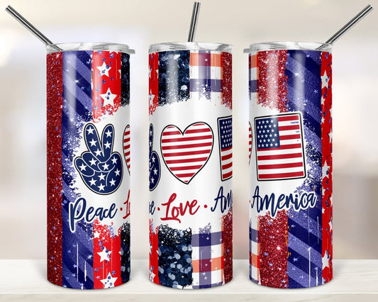 Personalized Skinny Tumbler Peace Love America Glitter