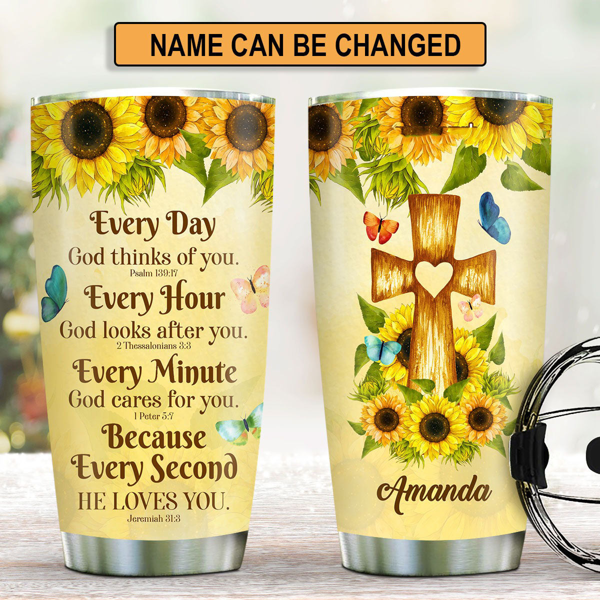 Personalized Christian Tumbler Everyday God Thinks Of You Sunflower Cross