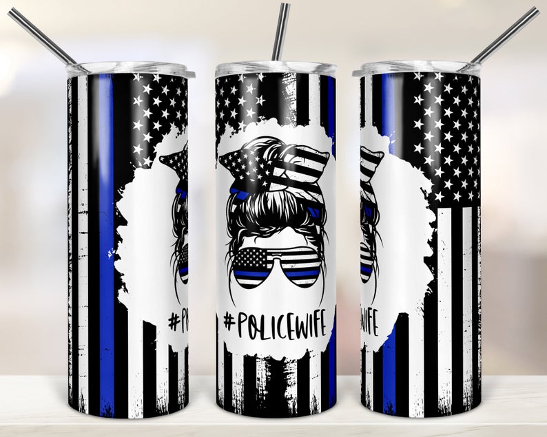 Personalized Skinny Tumbler Police Wife Mom Bun Hair