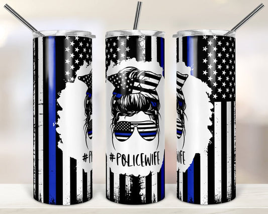 Personalized Skinny Tumbler Police Wife Mom Bun Hair