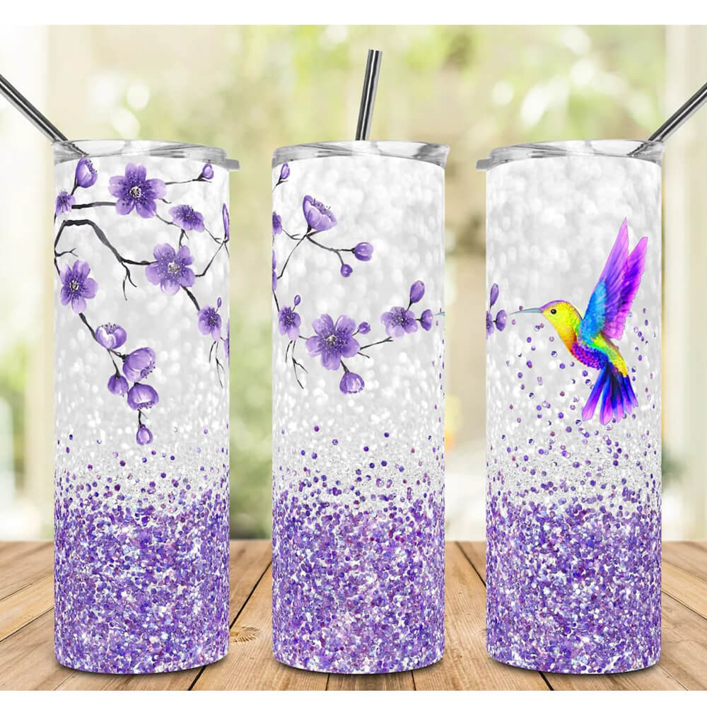 Glitter Hummingbird Skinny Tumbler With Flowers