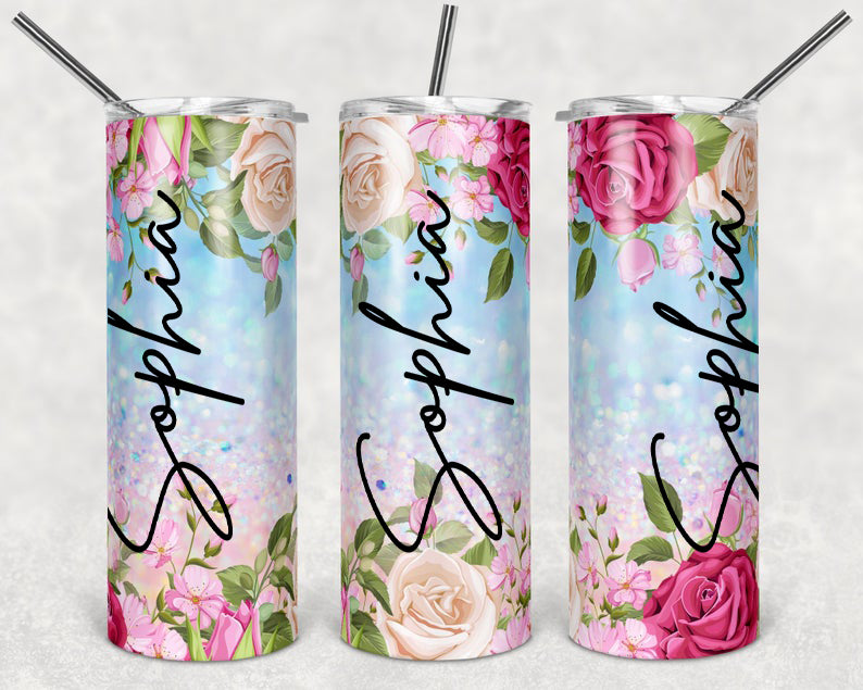 Personalized Skinny Tumbler Floral Glitter