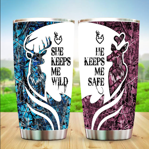 Personalized Deer Couple Tumbler He Keeps Me Safe She Keeps Me Wild