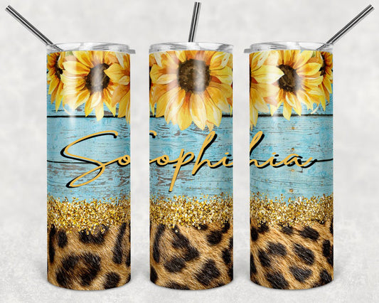 Personalized Skinny Tumbler Leopard Sunflower Wooden