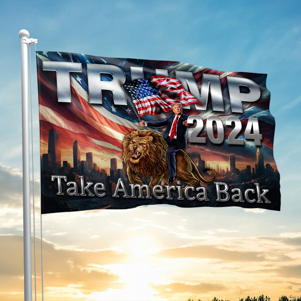 Trump 2024 Take America Back Flag Donald Trump Riding Lion MAGA Flag Patriotic Merch