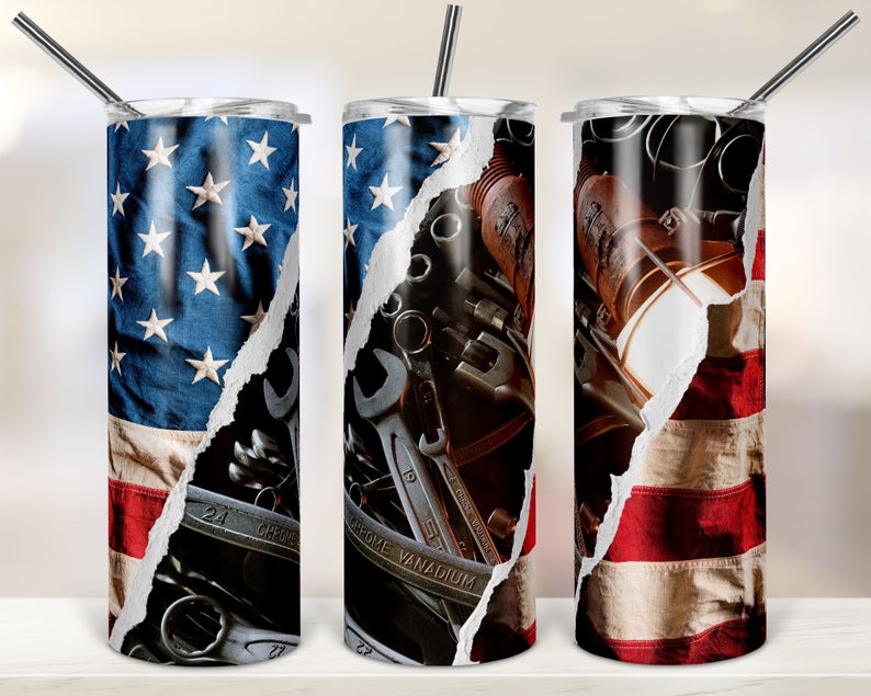 Personalized Mechanic Skinny Tumbler Patriotic American Automotive Tools