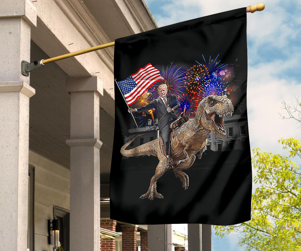 Trump Riding A Dinosaur T-Rex Flag Fireworks Trump With American Flag Decorative