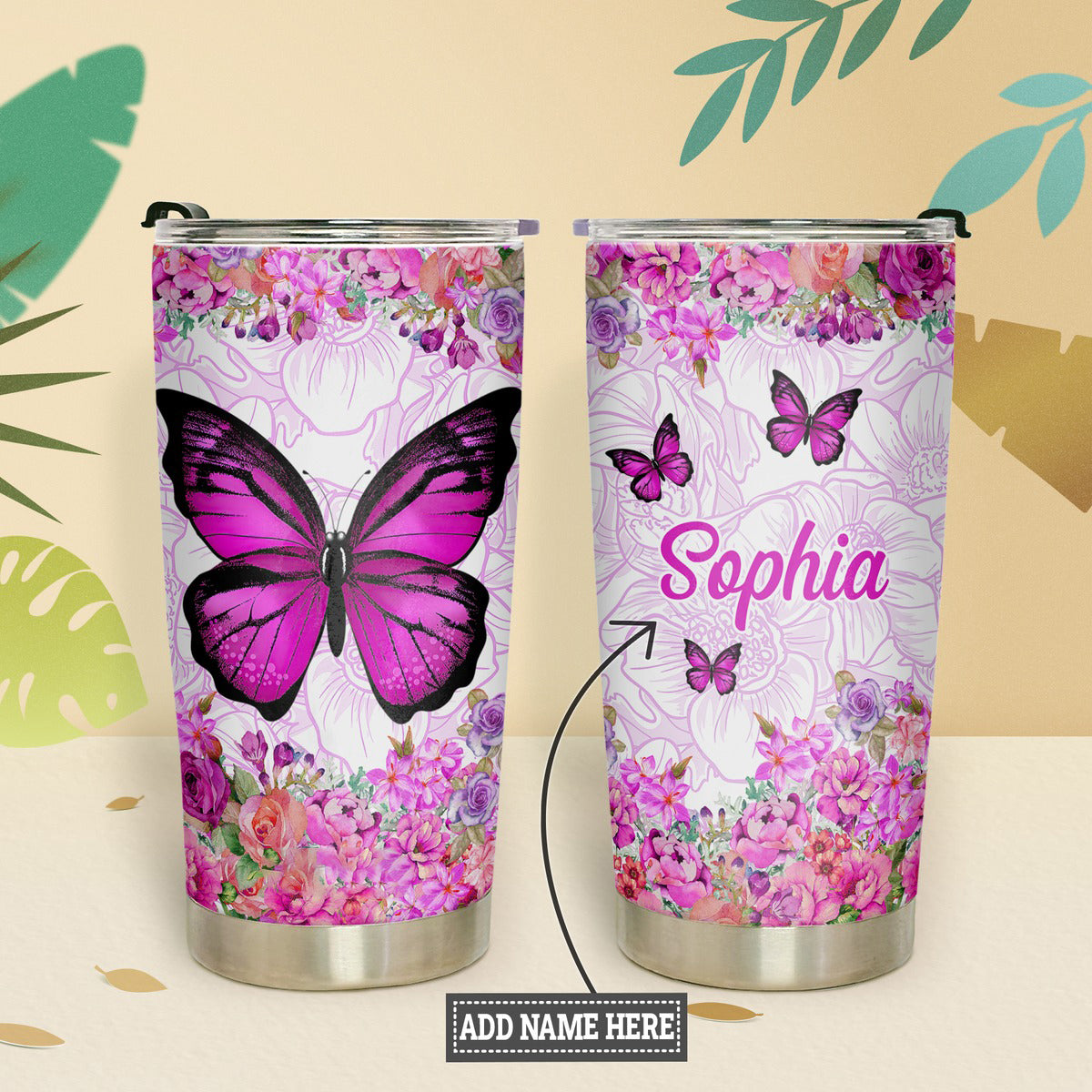 Personalized 20oz Butterfly Flowers Tumbler