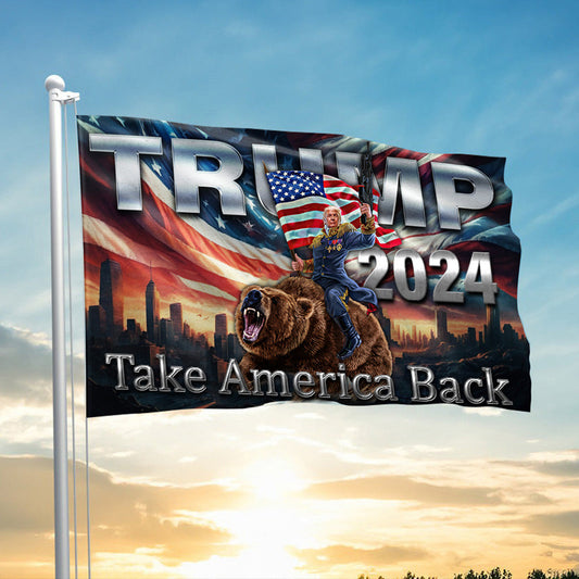 Trump 2024 Take America Back Flag Donald Trump Riding Bear MAGA Flag Patriotic Home Decor