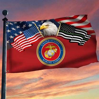 US Marine Corps Eagle Thin Green Line And American Flag Proud USMC Patriotic Flag