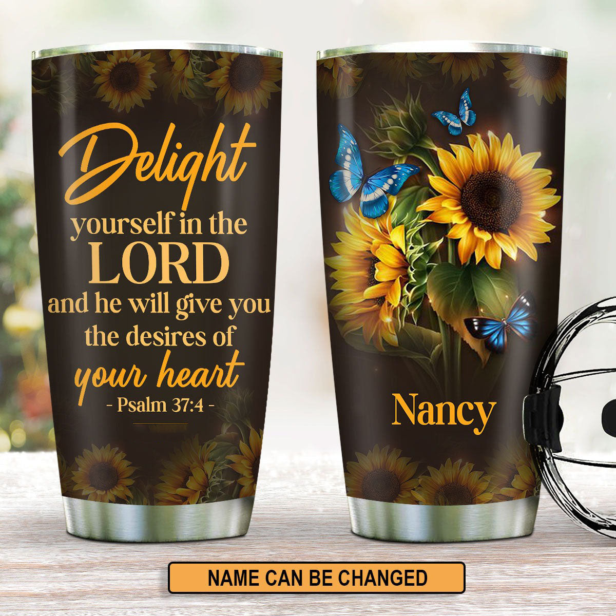 Personalized Christian Tumbler Delight Yourself In The Lord Sunflower