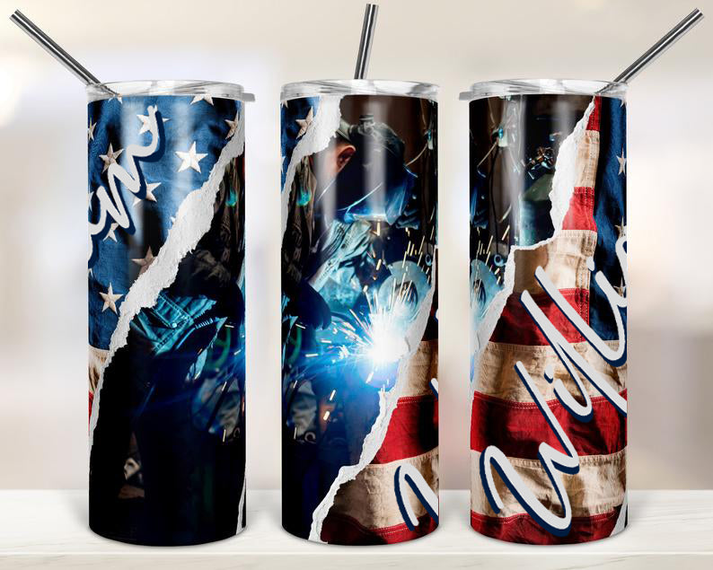 Personalized American Welder Skinny Tumbler Patriotic American Flag Welder