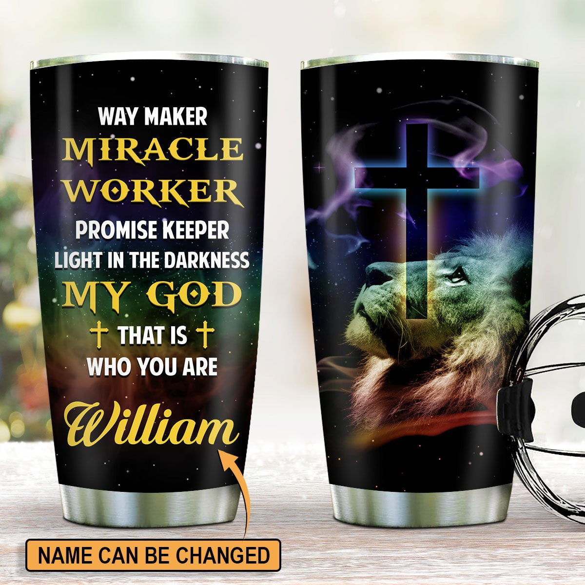 Personalized Christian Tumbler Way Maker Miracle Worker Lion