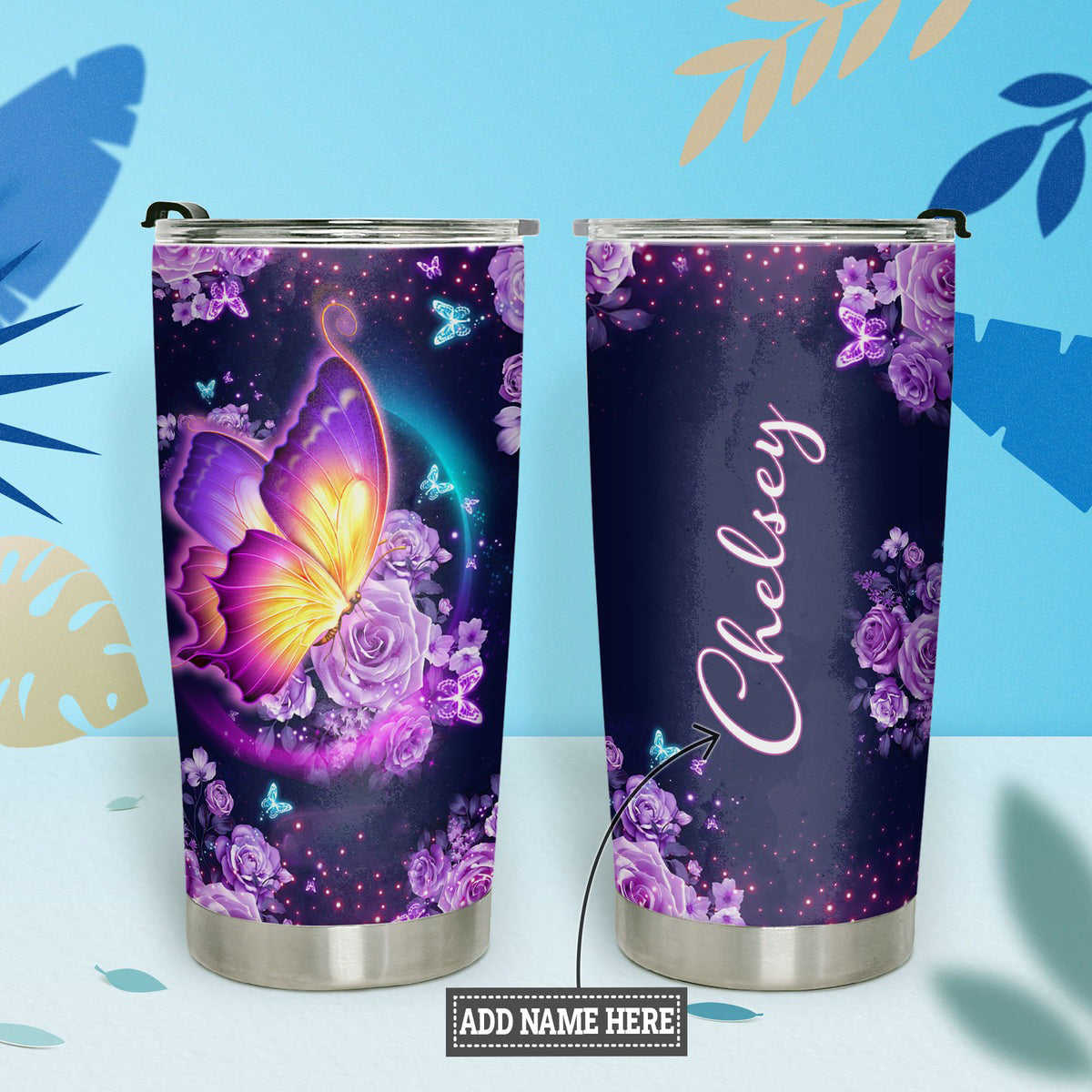 Personalized Butterfly Flowers Tumbler Purple