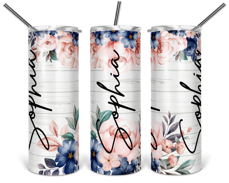 Personalized Floral Skinny Tumbler White Wood Background