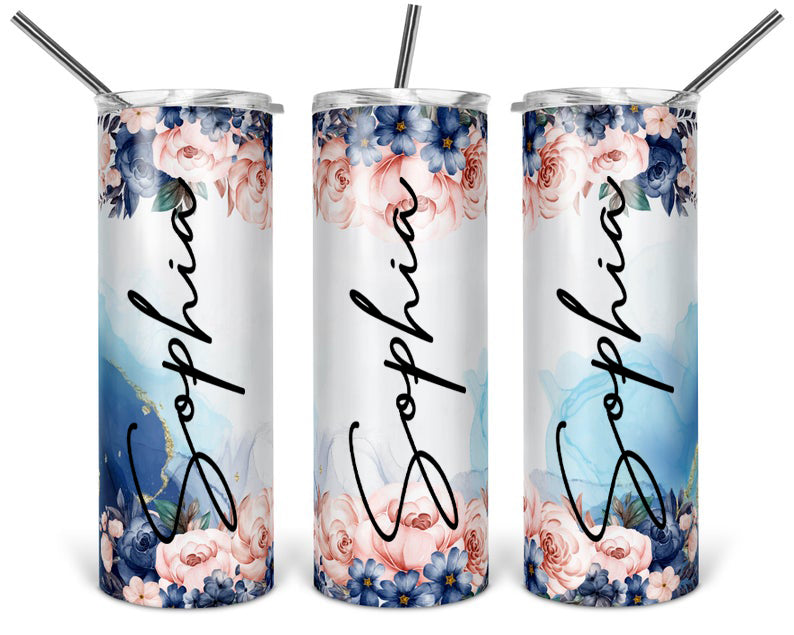 Personalized Skinny Tumbler Blue Floral