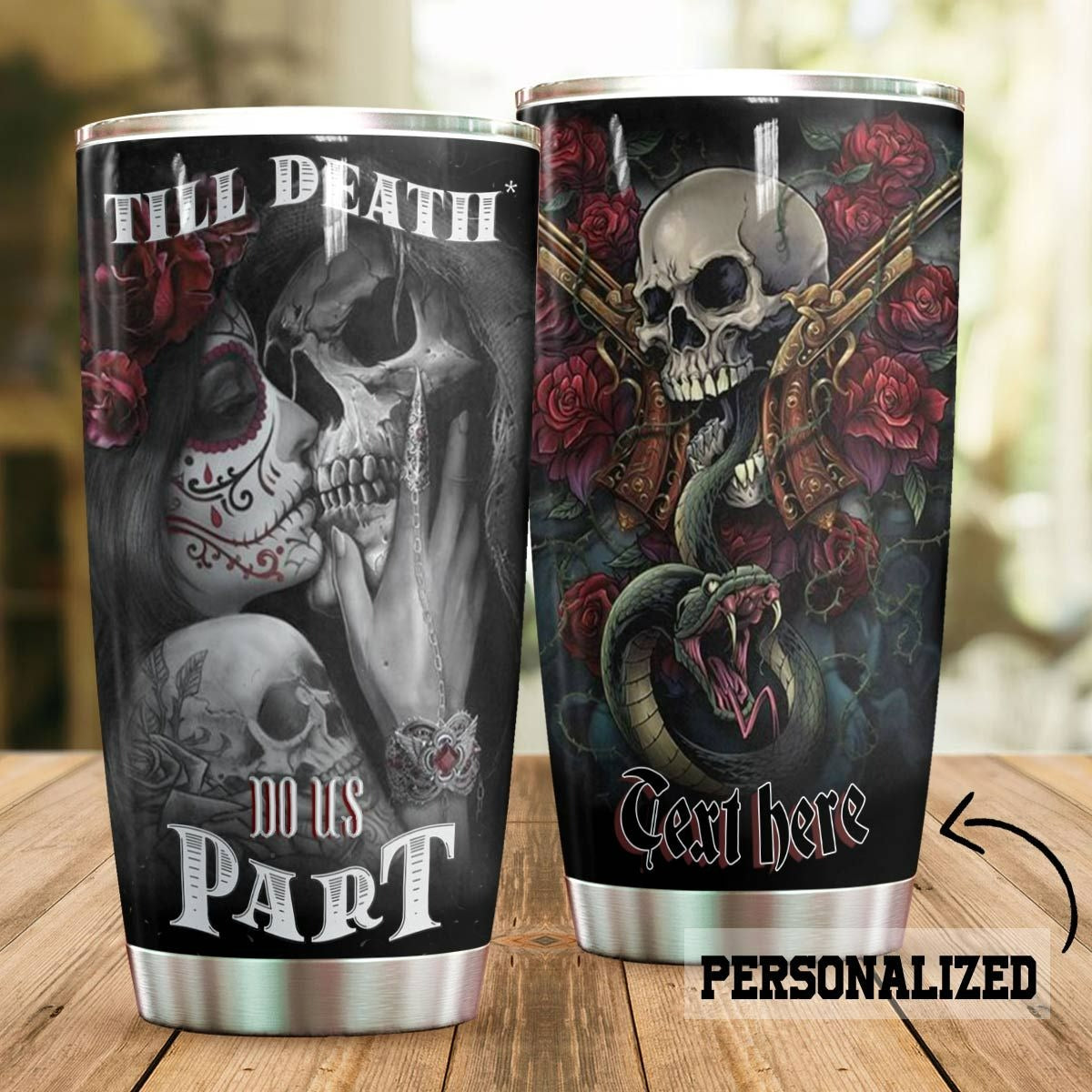 Personalized Skull Couple Tumbler Till Death Do Us Part Rose