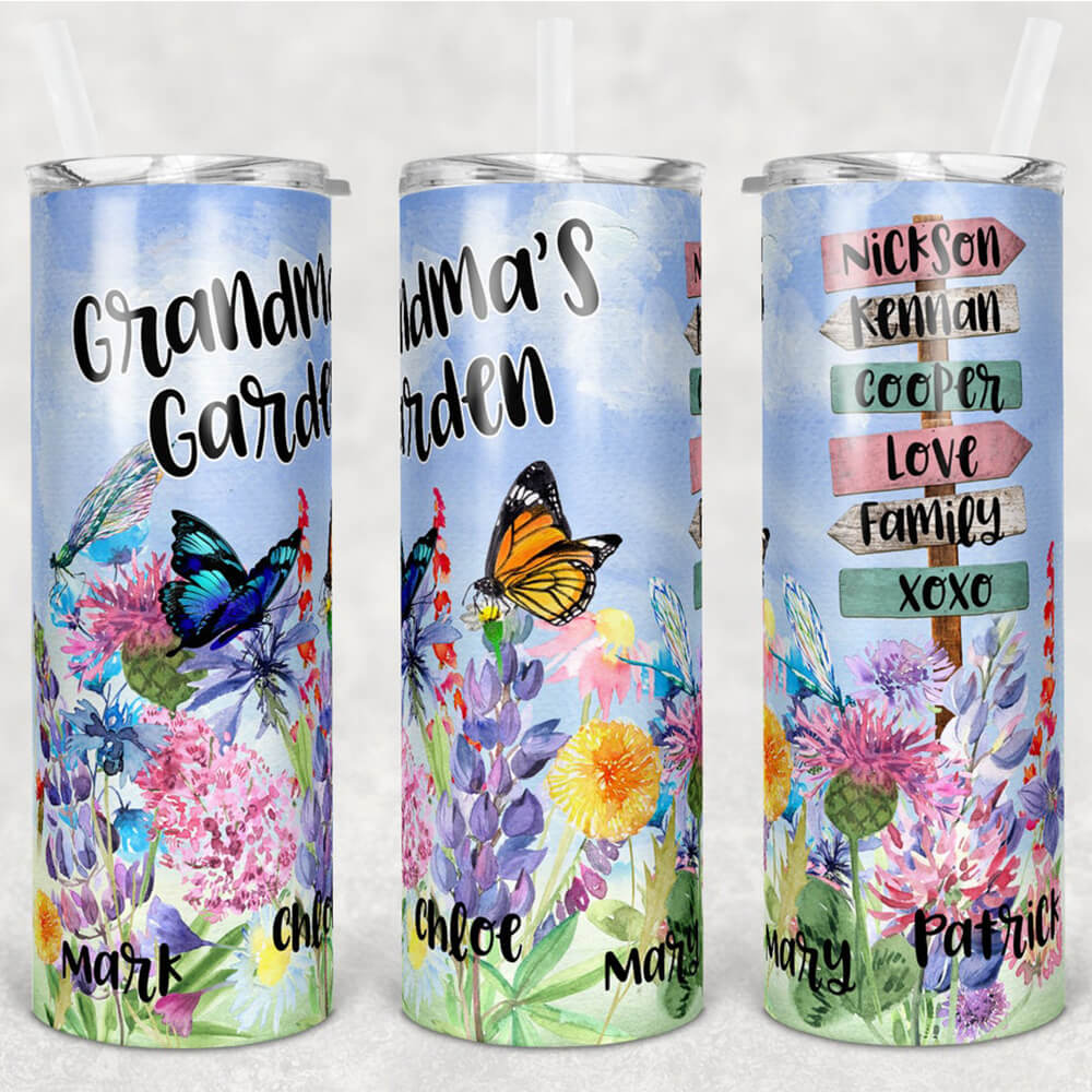 Personalized Grandma Garden Skinny Tumbler Butterflies And Flowers