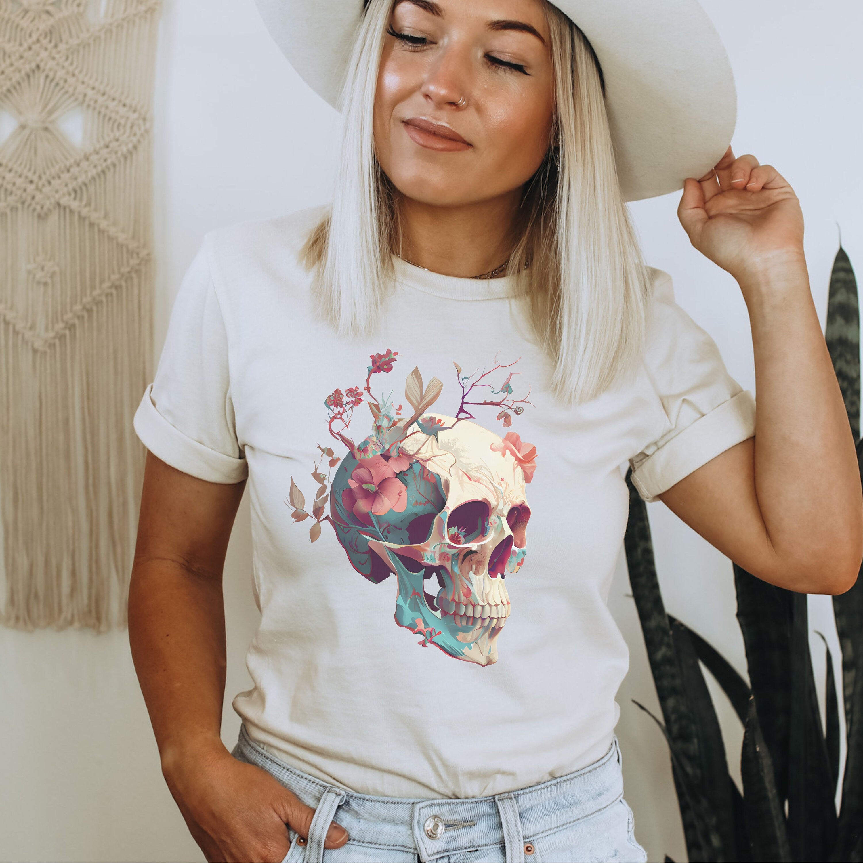 Floral Skull Boho Shirt, Goblincore Shirt, Cute Spooky Shirt, Bloom Skull Halloween Tee, Cottagecore Halloween Gift, Botanical Skull Shirt