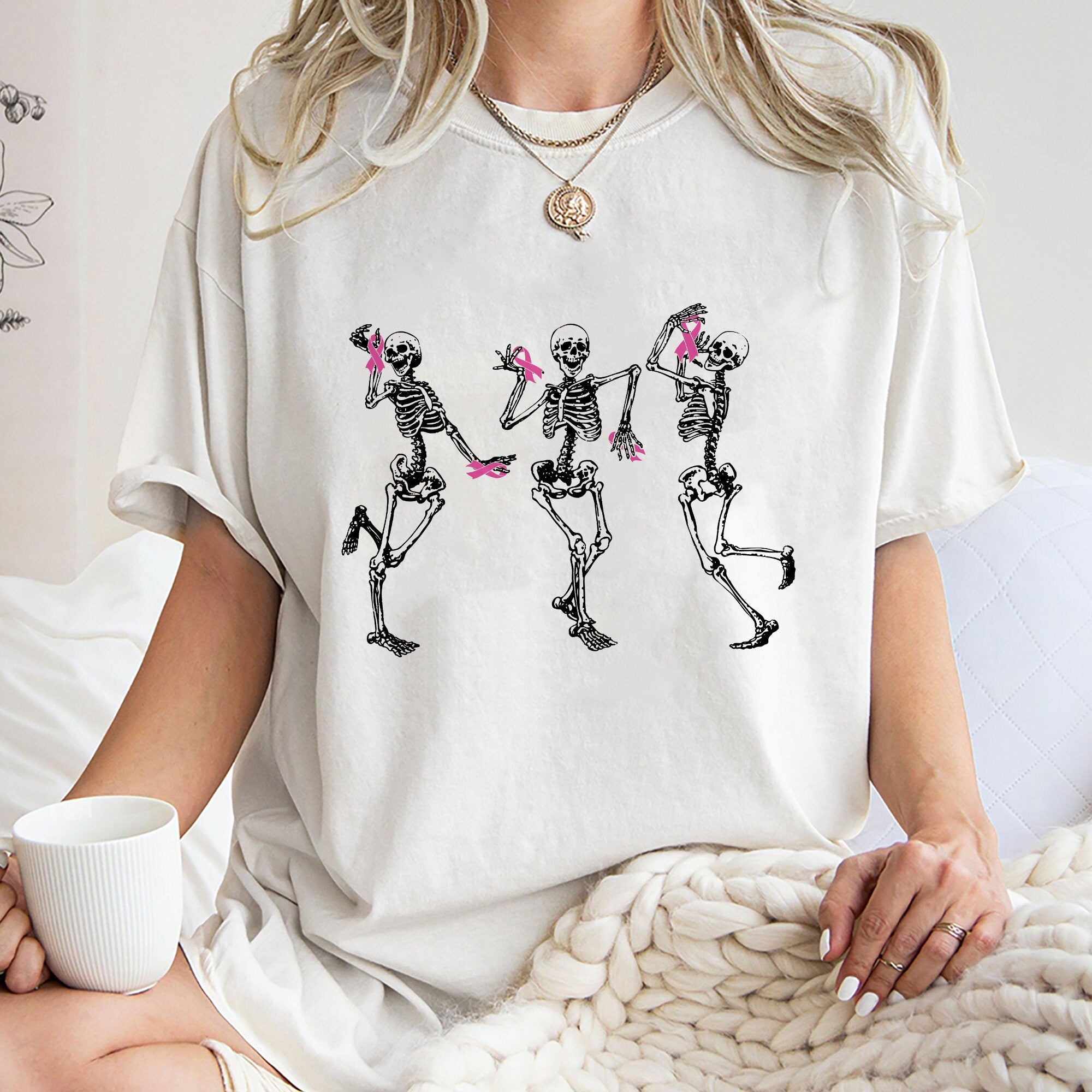 Dancing Skeletons Breast Cancer Shirt,Cancer Halloween Shirt,Breast Cancer Gift,Halloween Shirt,Skeletons Ribbon Breast Cancer Awareness Tee