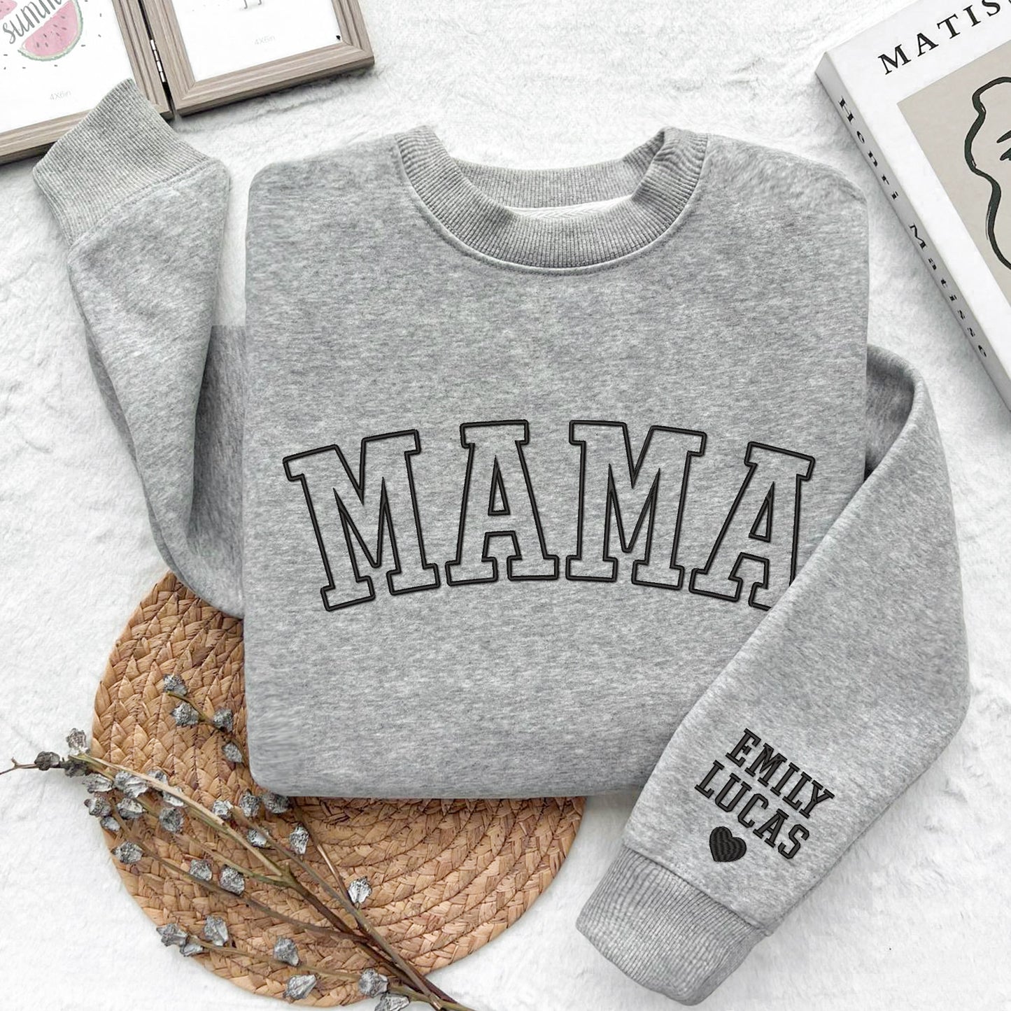 Embroidered Personalized Mama Sweatshirt with Kid Names on Sleeve, Mothers Day Gift, Birthday Gift for Mom,New Mom Gift