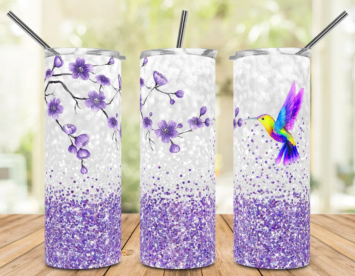 Glitter Hummingbird Skinny Tumbler With Flowers