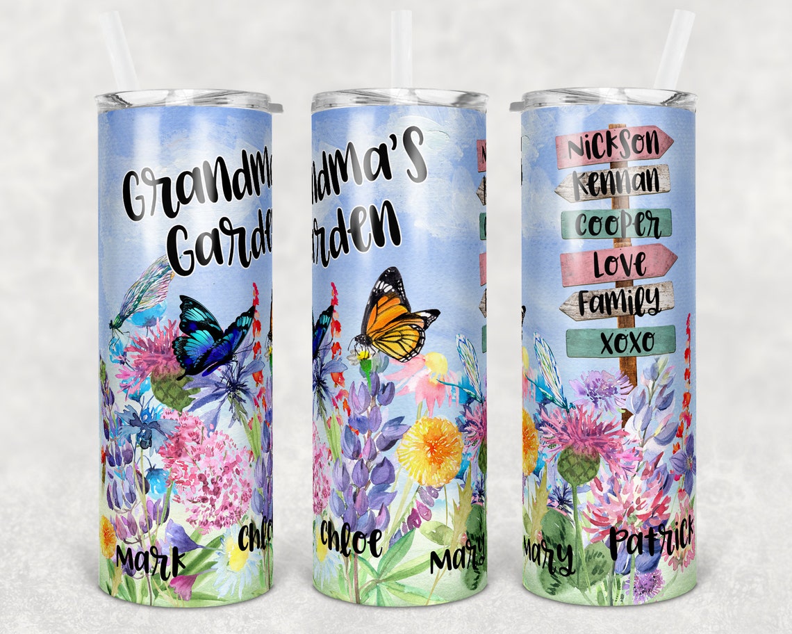 Personalized Grandma Garden Skinny Tumbler Butterflies And Flowers