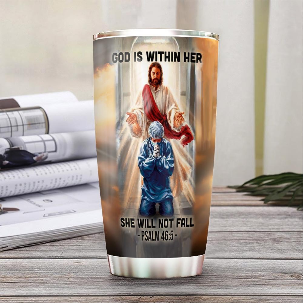 Personalized 20oz Nurse Tumbler God Is Within Her She Will Not Fall Bible Emergency Numbers